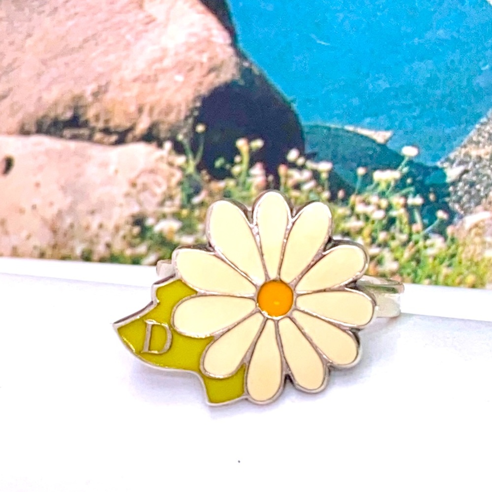 Rare vtg Christian Dior s. silver enamel flower cuff ring.Dior daisy ring sz 6